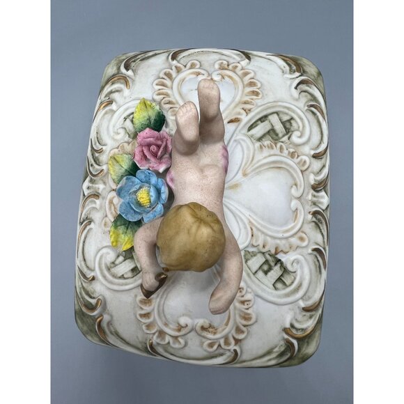 Vtg Bisque Porcelain Trinket Box with Baby Cherub & Floral Design 6" Bath Salts - Picture 7 of 13